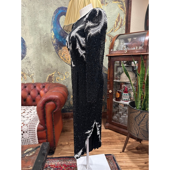 A.J. Bari Vintage 100% Silk Beaded Sequin Gown 80s 90s Asymmetric M - Picture 5 of 16